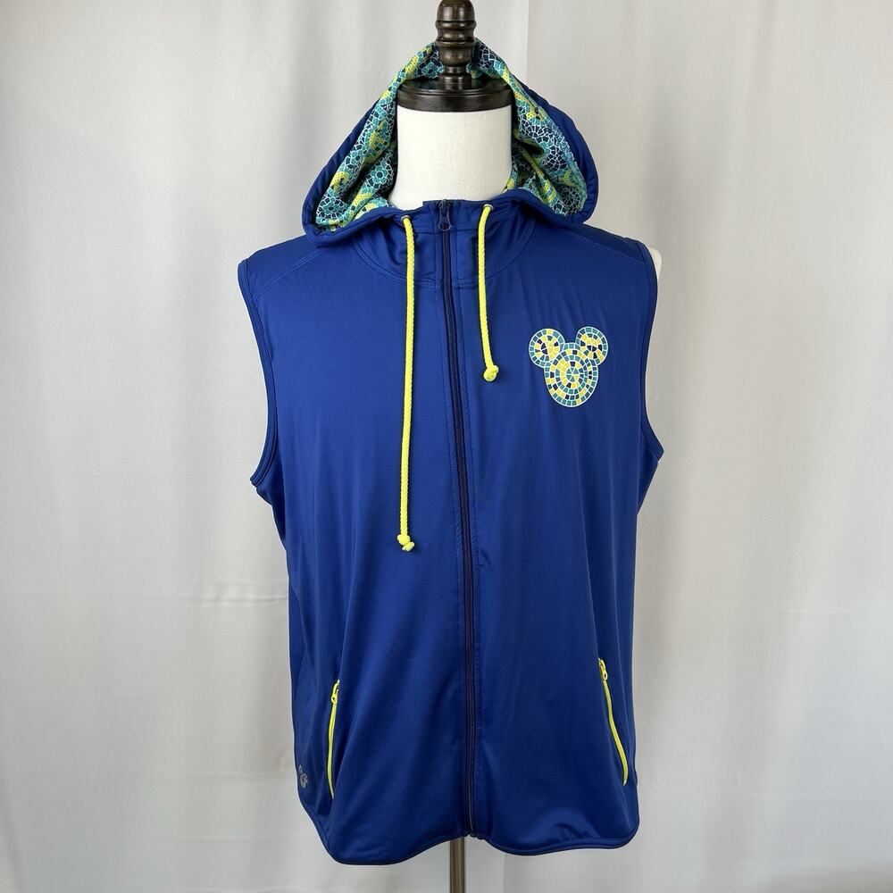 Disney Parks Mickey Mouse Vest Womens Size XXL Blue Hooded Zip Up Mosaic